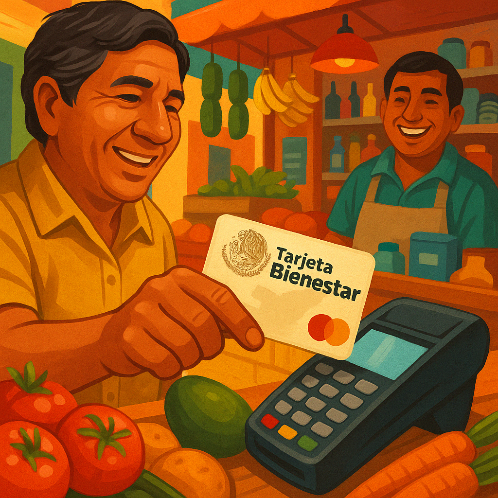 Persona usando la Tarjeta Bienestar para pagar en una tienda